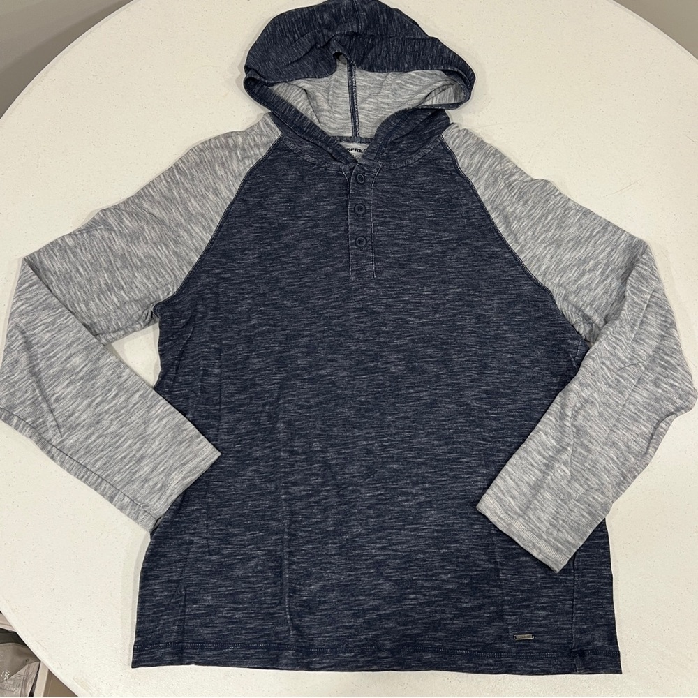 Express Henley Hoodie Long Sleeve Shirt Mens Large Gray Heather Blue Hooded